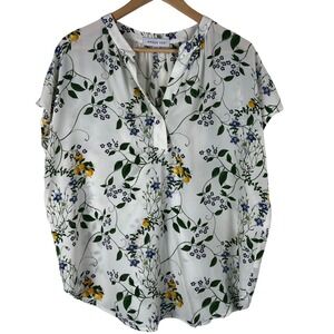 Amour Vert Silk Lemon Floral Botanical Blouse White Short Sleeve Top Large